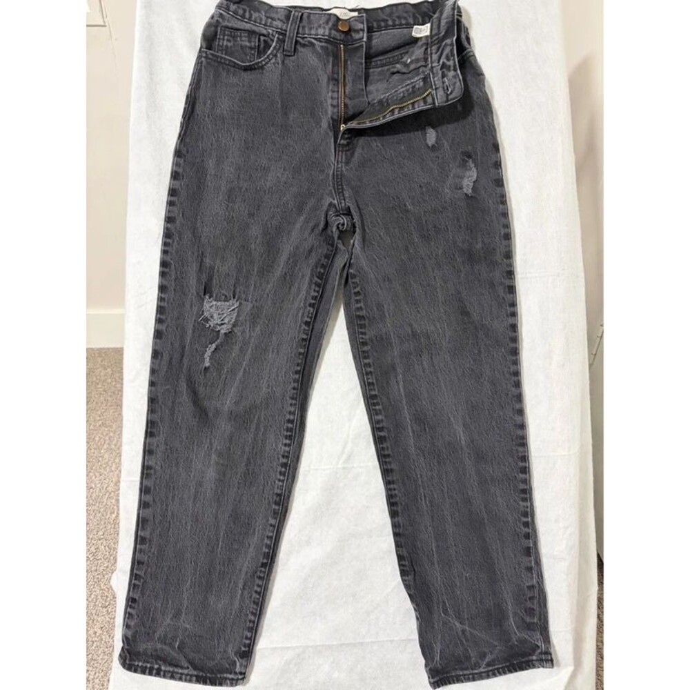 High-Rise Distressed Straight Leg Jeans in Washed Black